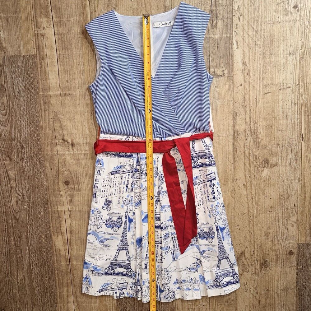 Chetta B Fit & Flare Dress Size 8 NWT Blue & White Red Belt Paris Summer - Picture 3 of 5